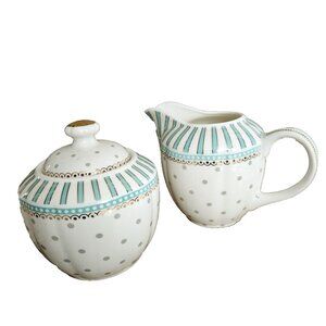 Grace Teaware Aqua Teal Polkadot Stripe Creamer & Sugar Bowl Set Porcelain